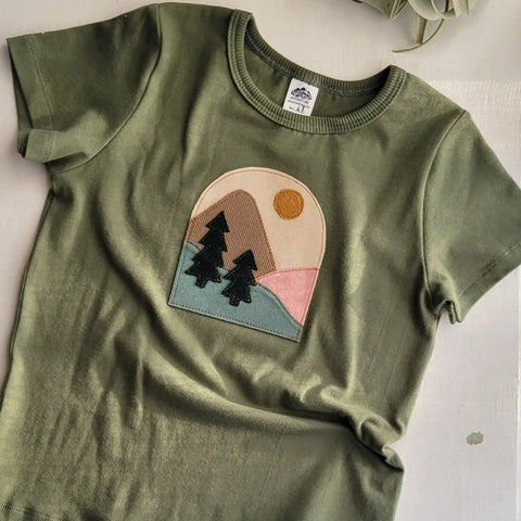 Organic Cotton Kids Mountain Embroidered T-Shirt – Breathable Crew Neck Tee | Made in USA Adventure Clothes Company  Baby and Toddler