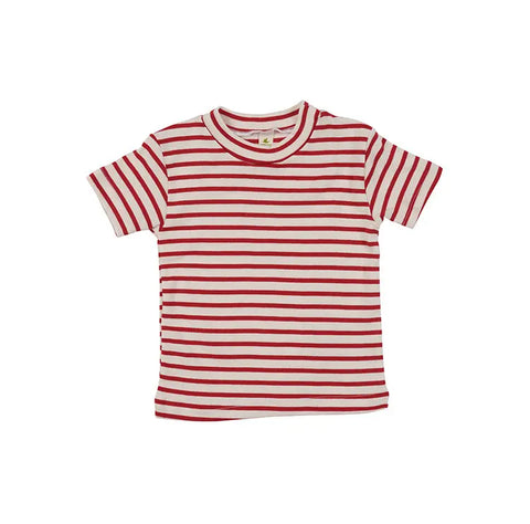 The Kids Striped Short Sleeve Crewneck Tee by Spiritex | Sustainable Apparel features red and white sailor stripes and is crafted from organic cotton—perfect for sensitive skin. Laid flat on a white background.
