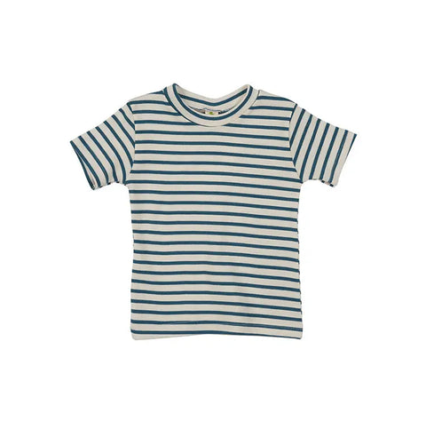 The Kids Striped Short Sleeve Crewneck Tee by Spiritex | Sustainable Apparel features navy and white sailor stripes in organic cotton, ideal for sensitive skin, shown on a plain white background.