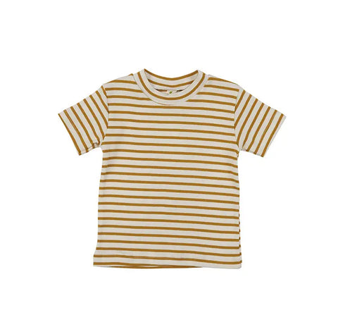The Kids Striped Short Sleeve Crewneck Tee by Spiritex | Sustainable Apparel features horizontal mustard yellow and white stripes in organic cotton, ideal for sensitive skin. Shown on a plain white background.