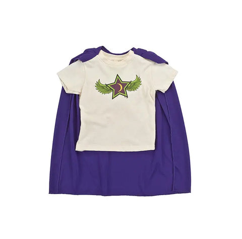 The Spiritex Super Hero Tee | Crescent Moon, made from organic cotton, is displayed atop a recycled PET cape, both set against a plain white background.