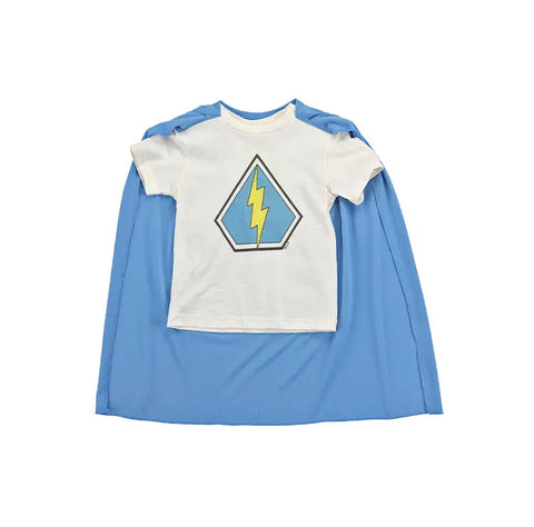 The Spiritex Super Hero Tee | Bolt, made from white organic cotton with a blue and yellow lightning bolt, is paired with a recycled PET cape, both displayed flat on a white background.