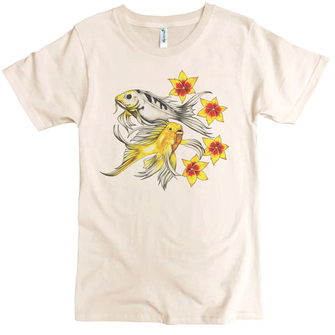 The Floral Koi Fish Graphic Tee by Spiritex | Sustainable Apparel is a beige organic cotton men’s crewneck featuring koi fish and floral prints. Ideal for sensitive skin.