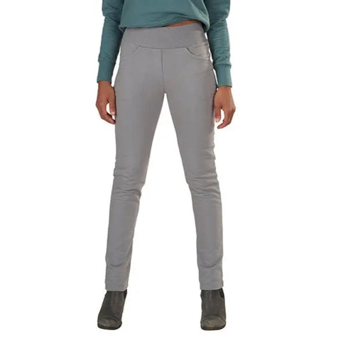 A person stands facing forward, wearing Spiritex | Sustainable Apparel Lightweight Saratoga Pants in light gray, paired with a teal long-sleeve top and dark ankle boots. Their hands are at their sides and their head is out of frame.