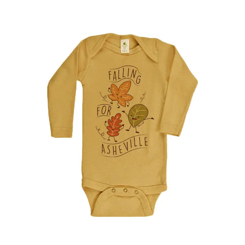 Organic Cotton Long Sleeve Baby Bodysuit – Asheville Fall Leaves Graphic | Made in USA Spiritex | Sustainable Apparel  Graphic Snappies