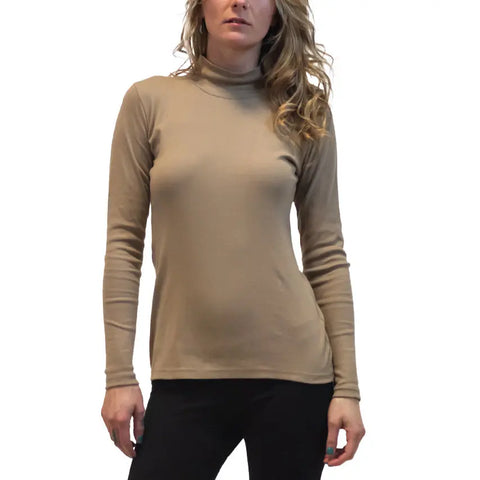 Organic Cotton Long Sleeve Mock Turtleneck Tee – Taupe Knit Top | Sustainable Apparel Made in USA Spiritex | Sustainable Apparel  Women's Tees & Tanks