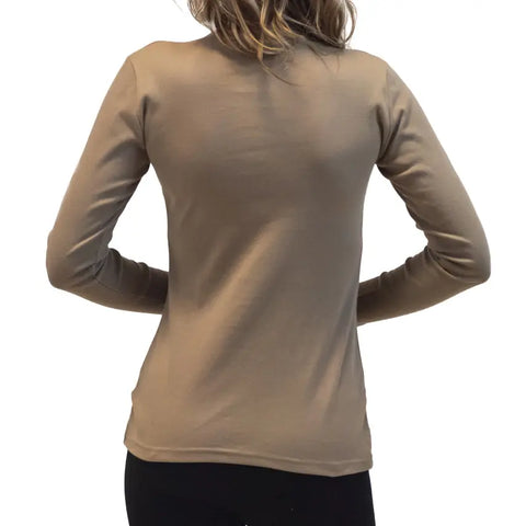 Organic Cotton Long Sleeve Mock Turtleneck Tee – Taupe Knit Top | Sustainable Apparel Made in USA Spiritex | Sustainable Apparel  Women's Tees & Tanks