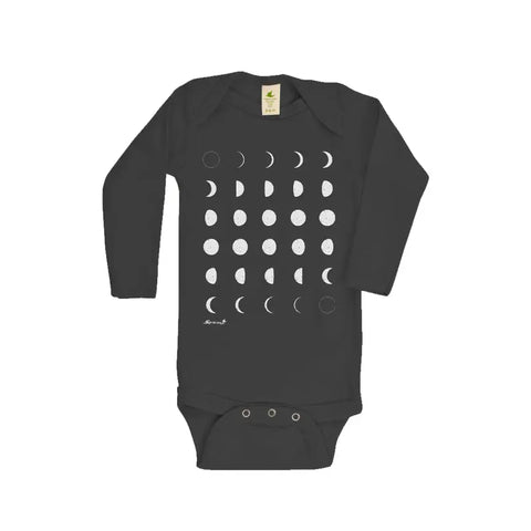 The Moon Cycles Long Sleeve Graphic Bodysuit by Spiritex | Sustainable Apparel is a black organic cotton snappie with a white moon phases design in five rows—stylish, cozy, and comfortable for your little one.