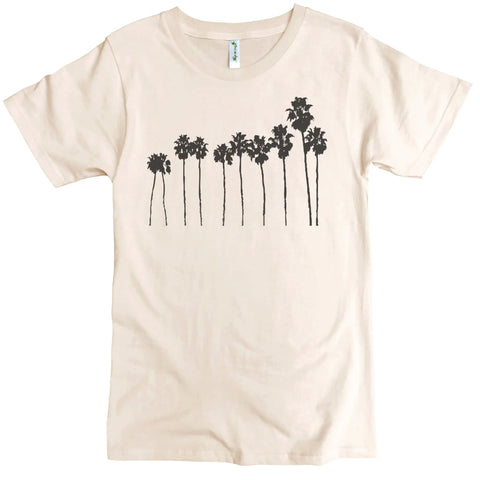 The Spiritex | Sustainable Apparel Palm Trees Graphic Tee is a beige men’s basic tee featuring nine tall black palm trees in varying heights across the chest.