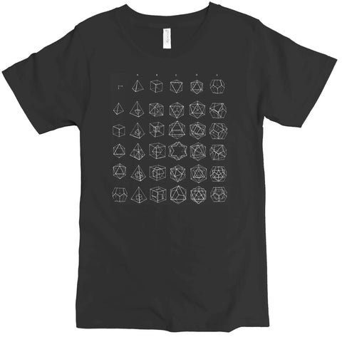 The Platonic Solids Tee by Spiritex | Sustainable Apparel is a black crewneck shirt with a grid of white geometric wireframe polyhedra, including Platonic solids, arranged in five rows and seven columns.
