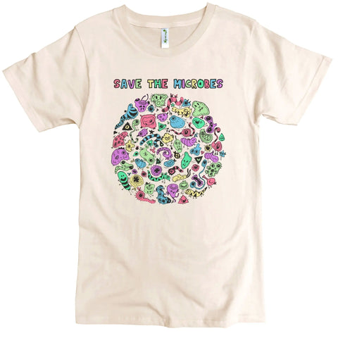 The Save the Microbes Graphic Tee by Spiritex | Sustainable Apparel is a beige organic cotton crewneck featuring colorful cartoon microbes in a circle and SAVE THE MICROBES above—ideal for sensitive skin and science fans!.