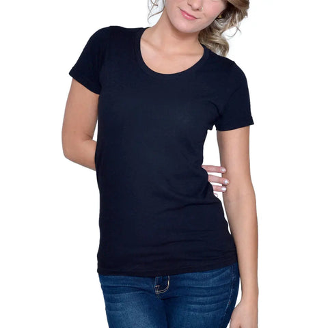 A woman wears the Spiritex | Sustainable Apparel Short Sleeve Favorite Crewneck Tee (W) in plain black with blue jeans, standing against a white background with one hand on her hip.