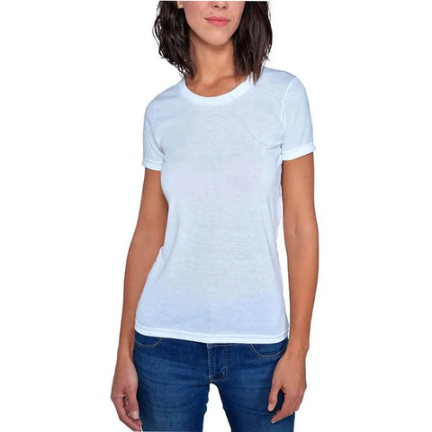 A woman stands against a white background wearing the Spiritex Short Sleeve Favorite Crewneck Tee (W), a plain white lightweight jersey shirt, with blue jeans. Her shoulder-length wavy hair is down and her arms are relaxed at her sides.
