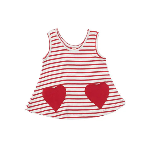 The Striped Heart Pocket Tunic Tank by Spiritex | Sustainable Apparel is a sleeveless childrens dress in sailor stripes with red and white bands, two front red heart pockets, and made from soft organic cotton for all-day comfort.