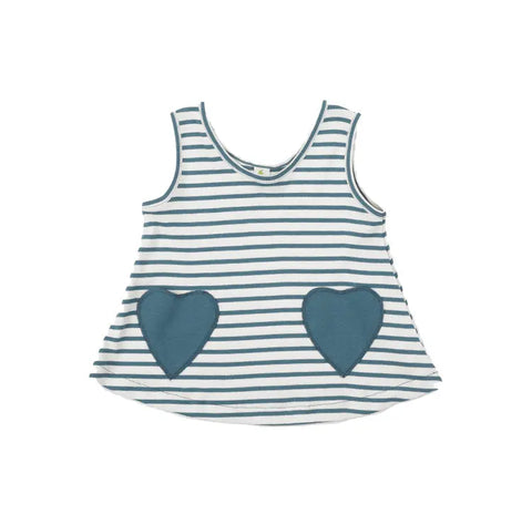The Striped Heart Pocket Tunic Tank by Spiritex | Sustainable Apparel features a sailor stripe blue and white design with two large blue heart-shaped front pockets, made from soft organic cotton for all-day toddler comfort.