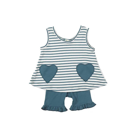 The Spiritex Striped Heart Pocket Tunic Tank features white and blue sailor stripes, two blue heart-shaped pockets, and comes with matching blue ruffled shorts—made from organic cotton. Displayed on a white background.