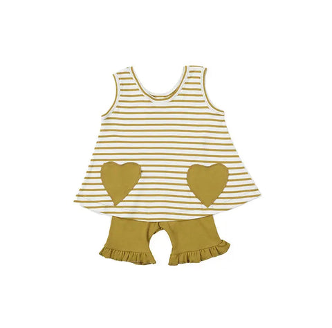 The Striped Heart Pocket Tunic Tank by Spiritex | Sustainable Apparel is a sleeveless organic cotton toddler dress in mustard yellow and white sailor stripes, with heart pockets and matching ruffled mustard shorts.