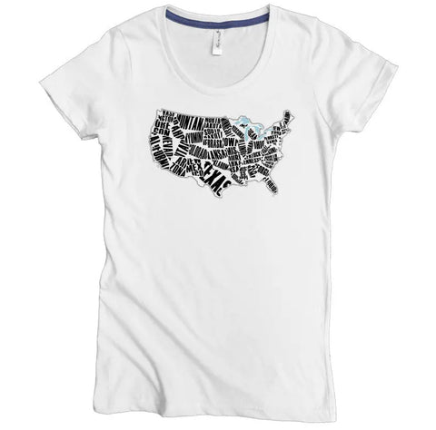 The US States Graphic Tee by Spiritex | Sustainable Apparel is a women’s white tee made from 100% organic cotton, featuring bold black state names within each states outline.