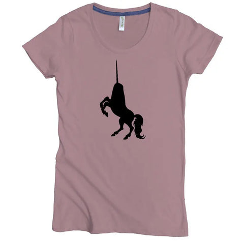 The Unicorn Halfbreed Graphic Tee by Spiritex | Sustainable Apparel is a mauve women’s shirt made of 100% organic cotton, featuring a black unicorn hanging upside down from its horn at the center chest.