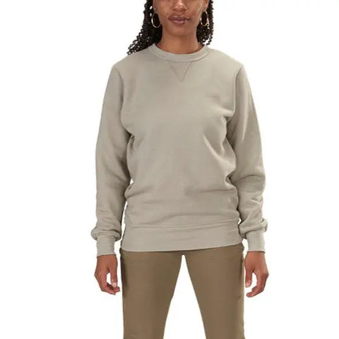 A person wearing the Spiritex | Sustainable Apparel V-Inset Crewneck Sweatshirt in light beige with khaki pants stands facing forward against a plain background, hands relaxed at their sides.