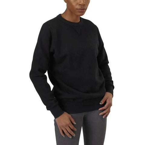 A person wears the Spiritex V-Inset Crewneck Sweatshirt in black with gray pants, standing against a white background with hands on hips.
