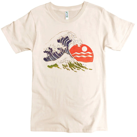 The Wave Graphic Tee by Spiritex | Sustainable Apparel is a cream-colored shirt with a blue and purple stylized wave, red sun, and white wave patterns printed on the front.