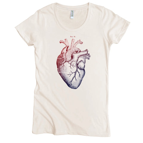 The Figure 13 Heart Graphic Tee by Spiritex | Sustainable Apparel is a women’s organic cotton tee with a bold red and blue anatomical heart graphic centered on the chest.
