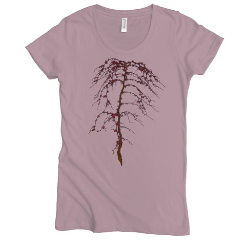 The Budding Tree Tee by Spiritex | Sustainable Apparel is a light purple women’s organic cotton shirt featuring a minimalist bare tree branch illustration in dark brown and reddish hues for an elegant, nature-inspired look.