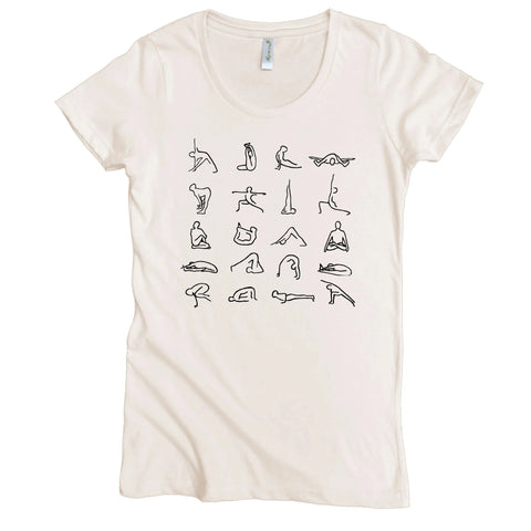 The Spiritex | Sustainable Apparel Yoga Poses Graphic Tee is a white, organic cotton shirt with minimalist black line drawings of yoga poses arranged in a grid on the front.