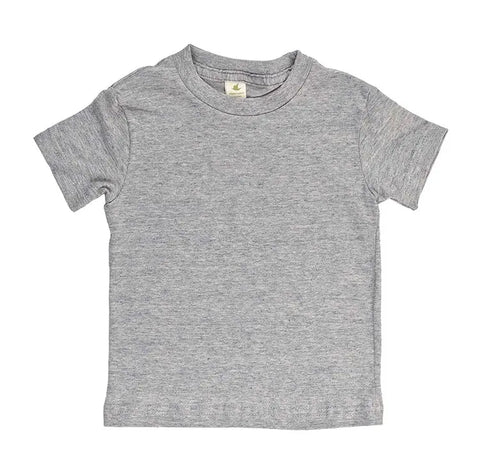 The Youth Short Sleeve Crewneck Tee by Spiritex | Sustainable Apparel is a heather gray, 100% organic cotton shirt shown flat on a white background—ideal for sensitive skin.