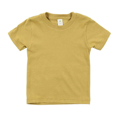 The Spiritex | Sustainable Apparel Youth Short Sleeve Crewneck Tee, made from 100% organic cotton in light yellow, is laid flat on a white background. It features short sleeves, a crew neckline, and a soft tag—great for sensitive skin.