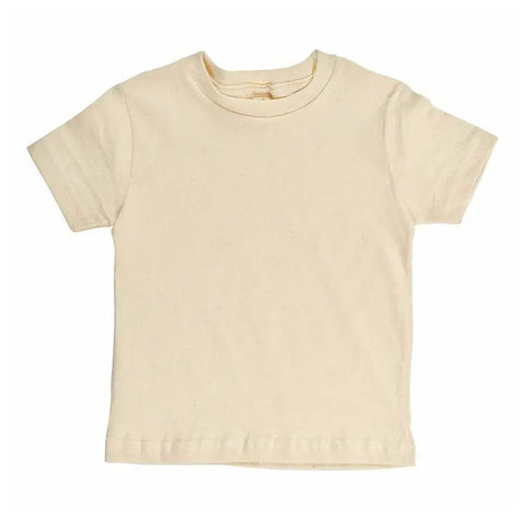 The Spiritex Youth Short Sleeve Crewneck Tee, made from 100% Organic Cotton, is a cream-colored, plain tee with a round neckline—ideal for sensitive skin—shown laid flat on a white background.