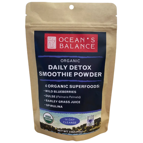 Oceans Balance Detox Smoothie Powder comes in a brown resealable pouch and features 4 organic superfoods: wild blueberries, dulse, barley grass juice, and spirulina. USDA Organic certified. Net weight: 4 oz.