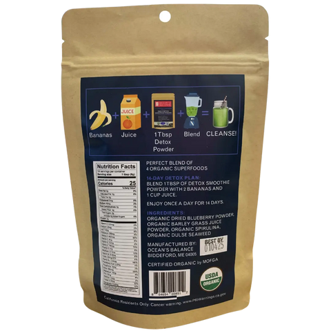 A brown resealable pouch of Oceans Balance Detox Smoothie Powder displays instructions and nutrition facts. Images show bananas, juice, powder, a blender, and smoothie steps. The USDA Organic seal is also visible.
