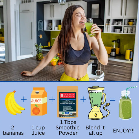 A smiling woman in workout clothes enjoys a green smoothie made with Oceans Balance Detox Smoothie Powder. Illustrated steps show: 2 bananas + 1 cup juice + 1 Tbsp Detox Smoothie Powder, blended, served with a straw in a modern kitchen.