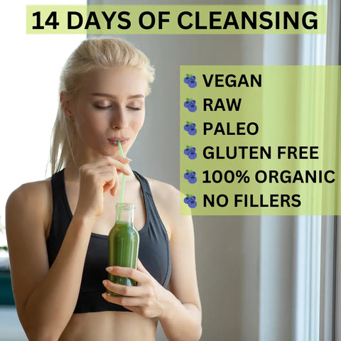 A woman in workout gear enjoys a green smoothie from a glass bottle. Text: 14 Days of Cleansing with Ocean’s Balance Detox Smoothie Powder—vegan, raw, paleo, gluten-free, 100% organic, no fillers.