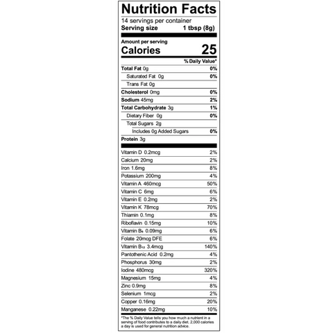 Oceans Balance Detox Smoothie Powder has 25 calories per 1 tbsp (8g) serving, 55mg sodium, 3g carbs, 3g sugar, 1g protein, plus listed vitamins and minerals with daily values on the nutrition facts label.
