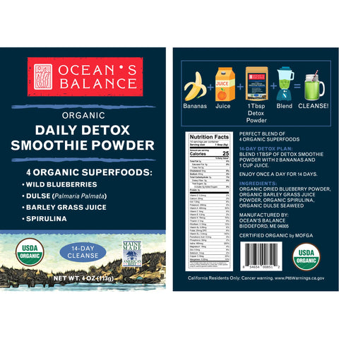 Front and back labels of Ocean’s Balance Detox Smoothie Powder, showing ingredients, nutrition facts, usage directions, certifications, and images of bananas, juice, a tablespoon, and a glass.