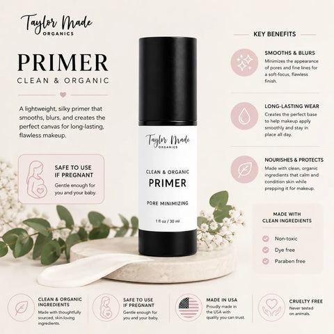 Organic Face Primer 30ml – Pore Minimizing Hydrating Base for Smooth Makeup | Taylor Made Organics Made in USA Taylor Made Organics  primer