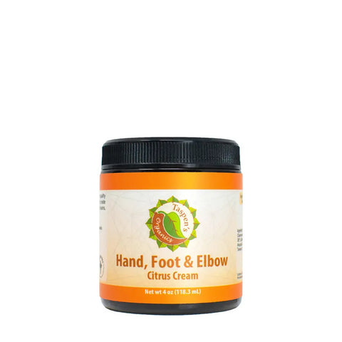 A jar of Taspens Organics Hand, Foot & Elbow Cream with a black lid and an orange and white label showing the product name, logo, and net weight of 4 oz (118.3 ml) on its label.