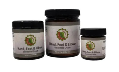Three jars of Taspens Organics Hand, Foot & Elbow Cream in different sizes are shown side by side. Each unscented jar with a dark lid displays a circular green and orange logo, ideal for use as an organic body cream.
