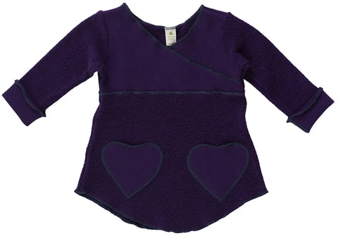 The Spiritex Heavy Terry Heart Pocket Tunic Sweatshirt is a long-sleeved, dark purple toddler top with two front heart-shaped pockets and a slightly flared hem.