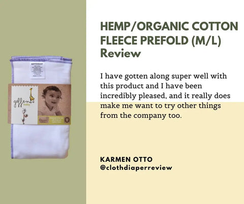 A Geffenbaby Cloth Prefold Diaper | Super Absorbent Fleece Hemp | Organic Cotton is folded with a cardboard giraffe label. Karmen Ottos review praises the reusable insert and says it inspires her to try more from the brand.
