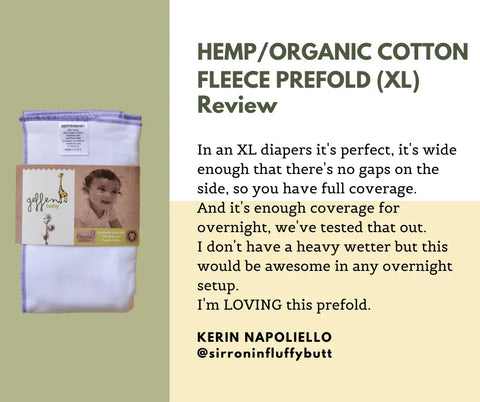 A Geffenbaby Cloth Prefold Diaper | Super Absorbent Fleece Hemp | Organic Cotton is shown beside a review praising its overnight coverage, XL fit, and effectiveness as a preferred reusable diaper insert.