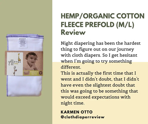 A Geffenbaby Cloth Prefold Diaper (Super Absorbent Fleece Hemp, Organic Cotton) is folded on a surface with a brown label, alongside Karmen Otto’s positive review about night diapering with this product.