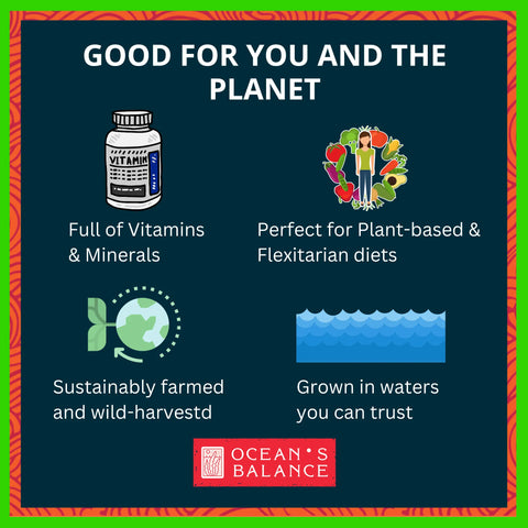 Infographic highlights Organic Kombu Flakes by Oceans Balance: rich in vitamins & minerals, ideal for plant-based or flexitarian diets, made with USDA Organic seaweed—sustainably farmed & wild-harvested. Oceans Balance logo at bottom.