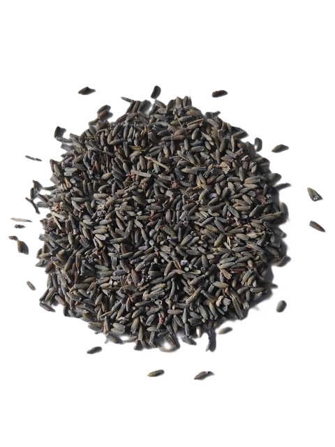 A pile of Forev'Herbs Organic Lavender Herbal Tea scattered on a white background, ideal for brewing calming herbal tea or making your own loose-leaf blends.
