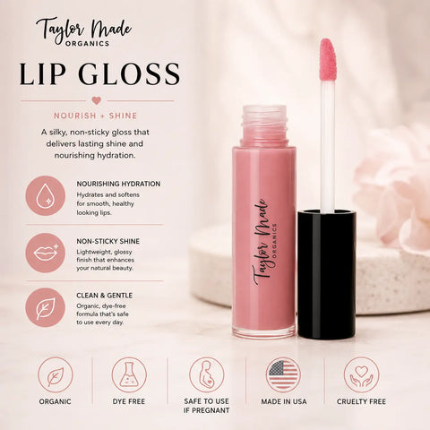 Organic Lip Gloss 0.18 oz – Hydrating Sheer Lip Shine with Natural Oils | Taylor Made Organics – Made in USA Taylor Made Organics  lip gloss