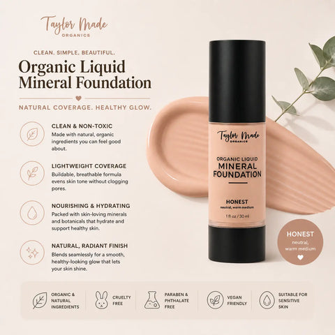 Organic Liquid Mineral Foundation 1 oz – Lightweight Buildable Coverage with Aloe Vera & Vitamin E | Made in USA Taylor Made Organics  foundation
