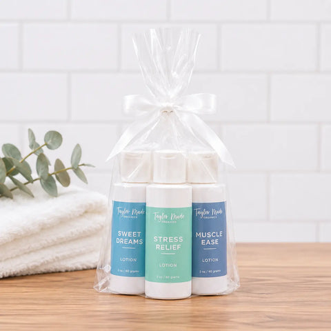 Organic Mini Lotion Gift Set Trio 2oz – Muscle Ease Stress Relief Sweet Dreams | Handcrafted in USA Taylor Made Organics  gift set